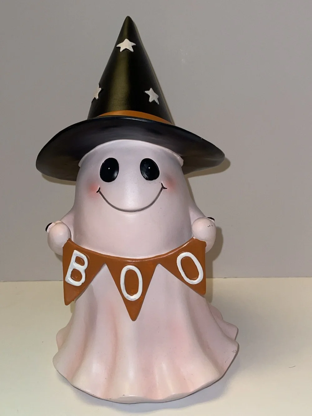 Cute Pink Ghost 'BOO' Halloween Figurine with Black Witch Hat
